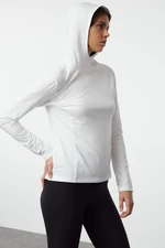 Trendyol White Micro Reflective Print Detailed Hooded Knitted Sports Top/Blouse