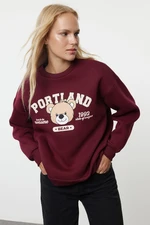 Trendyol Burgundy Printed Oversize/Wide Fit Crew Neck Thick Knitted Sweatshirt