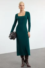 Trendyol Emerald Green Animal Maxi Flounce Square Neck Fitted Maxi Stretch Knitted Dress