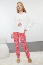 Trendyol White-Multicolored 100% Cotton Winter Themed Knitted Pajama Set