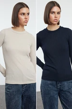 Trendyol Navy Blue-Stone 2 Pack Crew Neck Regular/Normal Fit Knitted Blouse