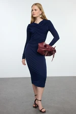 Trendyol Navy Blue Ruffle/Drape Detailed Fitted Long Sleeve Flexible Knitted Dress