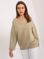 Lightweight khaki women's oversize sweatshirt with pearls