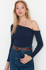 Trendyol Indigo Fitted Asymmetrical Neckline Off Shoulder Ribbed Stretch Knitted Blouse