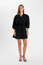 DEFACTO Shirt Collar Pleated Waist Lace Up Basic Plain Modal Batwing Sleeve Mini Black Dress