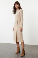 Trendyol Beige Plain Thessaloniki Wrap Midi Flexible Knitted Dress