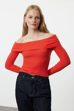 Trendyol Red Carmen Collar Crop/Short Stretchy Knitted Blouse