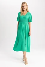 DEFACTO V Neck Crinkle Viscose Midi Short Sleeve Dress