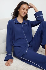 Trendyol Navy Blue Piping Detailed Viscose Woven Pajama Set