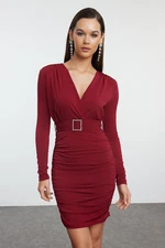 Trendyol Burgundy Belt Detailed Knitted Short Elegant Evening Dress