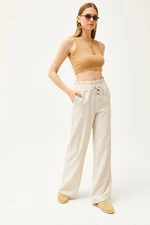 Olalook Women's Stone Pocket Elastic Waist High Waist Linen Trousers