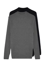 Trendyol Black-Grey Men's Fitted Cotton Half Turtleneck Plain Knitwear Sweater