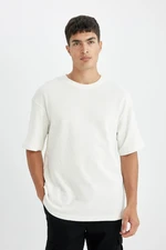 DEFACTO Men's Ecru Relax Fit Casual Cut Crew Neck Cotton Short Sleeve Basic T-Shirt