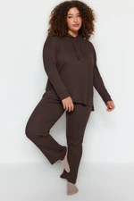 Trendyol Curve Brown Hooded Collar Relaxed Fit Knitted Camisole Plus Size Top-Bottom Set