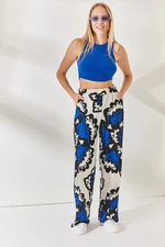 Olalook Saxon Blue Stone Waist Elastic Waist, Pocket Patterned Palazzo Pants