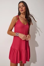 Happiness İstanbul Women's Dark Pink Tie Straps Summer Knitted Dress