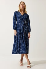 Happiness İstanbul Women's Navy Blue Wrapover Neck Polka Dot Knitted Dress