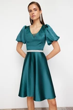 Trendyol Emerald Green Stone Accessory Stylish Evening Dress with Belt Detail