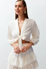 Trendyol White Crop Woven Tie-Up 100% Cotton Blouse