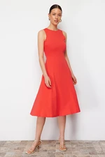 Trendyol Red 100% Cotton Skater/Waisted Crew Neck Sleeveless Midi Knitted Dress