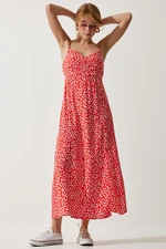 Happiness İstanbul Women's Red Strap Patterned Viscose Dress