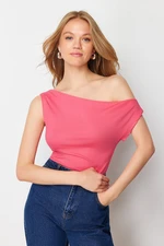 Trendyol Pink Boat Neck Fitted Viscose/Soft Fabric Stretchy Knitted Blouse