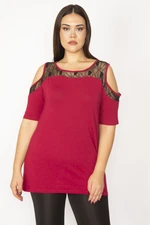 Şans Women's Plus Size Claret Red Blouse with Lace Detail