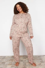 Trendyol Curve Mink Floral Pattern Knitted Pajamas Set