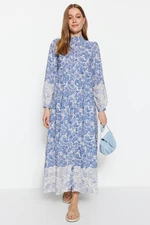 Trendyol Blue Ethnic Patterned Grand Collar Linen Look Woven Shirt Dress