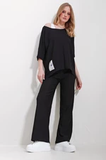Trend Alaçatı Stili Women's Black Boat Neck Blouse And Palazzo Trousers 3-Piece Suit