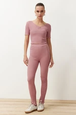 Trendyol Dried Rose V-neck Gather Detailed Ribbed Stretch Knitted Blouse and Trousers Bottom-Top Set