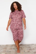 Trendyol Curve Pink Floral Pattern Capri Knitted Pajamas Set