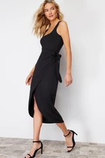 Trendyol Black Wrapover Detail Stretch Midi Knitted Dress