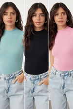 Trendyol Black-Pink-Mint 3-Pack Fitted Flexible Knitted Blouse