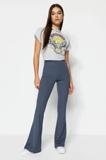 Trendyol Anthracite Corduroy Flare/Flare-Down Leg High Waist Flexible Knitted Leggings Trousers