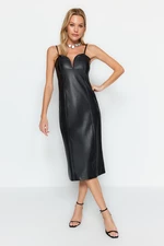 Trendyol Black Fitted Faux Leather Evening Dress