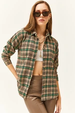 Olalook Women's Camel Green Plaid Lumberjack Shirt