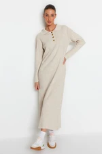 Trendyol Beige Polo Collar, Comfortable Fit and Ribbed Sweater Dress