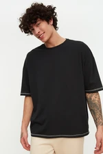 Trendyol Black Oversize/Wide Cut Short Sleeve Embroidered 100% Cotton T-Shirt