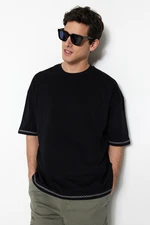 Trendyol Black Oversize/Wide-Fit Crew Neck Short Sleeve Embroidered 100% Cotton T-Shirt