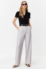 Trendyol Gray High Waist Wide Leg Striped Woven Trousers