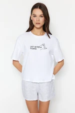 Trendyol White Cotton Striped Slogan Printed Knitted Pajama Set