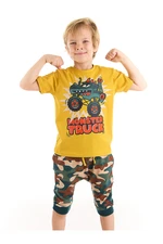 Denokids Monster Truck Car Boy Yellow T-shirt Camouflage Capri Shorts Set.