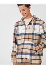 Koton Plaid Oversize Sweatshirt Hooded with Pocket Detail and Half Zipper