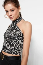 Trendyol Brown Printed Halterneck Fitted/Slippery Knitted Blouse with Crop