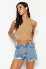 Trendyol Blue Ripped High Waist Denim Shorts