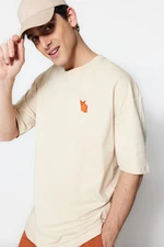 Trendyol Beige Men's Oversize/Wide Cut Crew Neck Short Sleeve Fox Embroidered 100% Cotton T-Shirt.