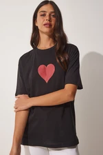 Happiness İstanbul Women's Black Sparkling Heart Printed Oversized Knitted T-Shirt