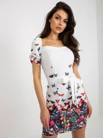 White fitted cocktail dress with print