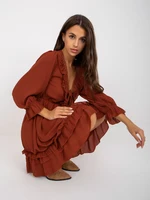 Brick red minidress with ruffle in boho style OCH BELLA